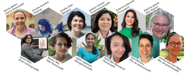 Hexagonal portrait collage of twelve panelists and co-organizers arranged in two rows